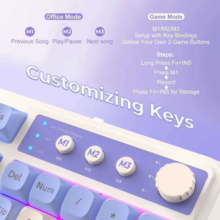 Clavier AULA 99 touches Tri-Mode Bluetooth/2.4GHz/USB-C RGB rétroéclairage media knob pour gaming - Violet Clavier AULA 99 touches Tri-Mode Bluetooth/2.4GHz/USB-C RGB rétroéclairage media knob pour gaming - Violet