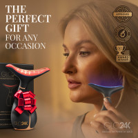GLO24K Appareil Beauté Visage & Cou 3-en-1 avec LED Rouge & Vibration pour Revitalisation et Fermeté