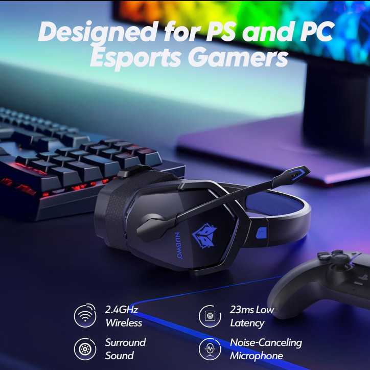 NUBWO Wireless Gaming Headset with Mic for PS5/PS4/PC, 100H Battery, 23ms Sync, Triple Mode - Blue