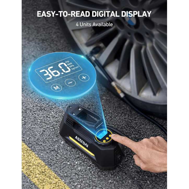 AstroAI Compresseur d'Air Portable 12V avec Manomètre Numérique et Lampe LED pour Voiture, Vélo, Ballons AstroAI Compresseur d'Air Portable 12V avec Manomètre Numérique et Lampe LED pour Voiture, Vélo, Ballons