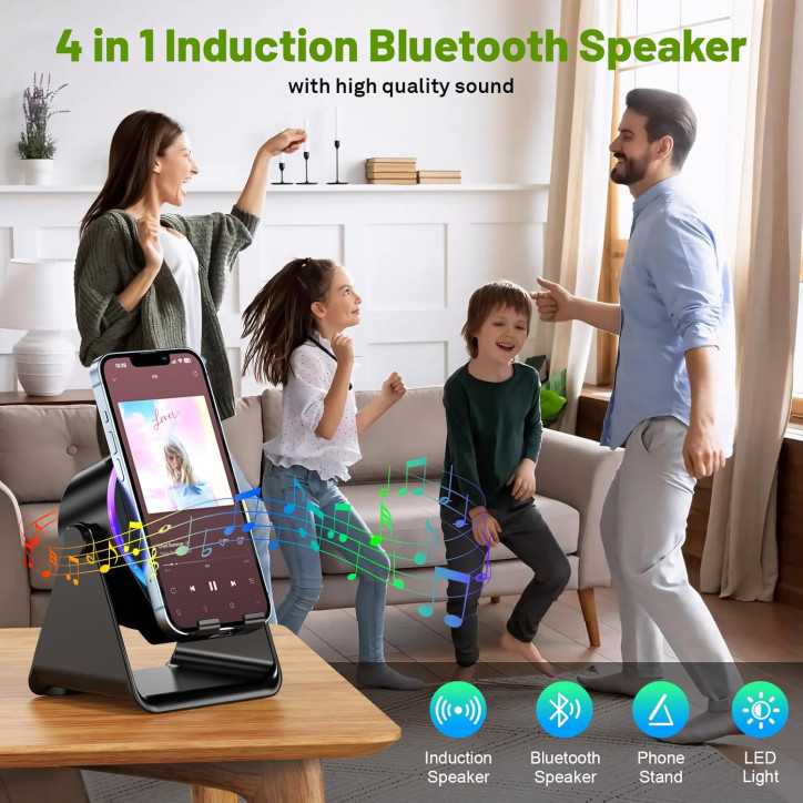 Wireless Induction Bluetooth Speaker & 360° Adjustable Phone Stand with RGB Light for iPhone/Android - Black