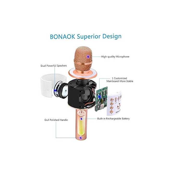 Microphone Karaoké Bluetooth BONAOK 3-en-1 Portable Rose Gold pour Fête et Smartphone PC