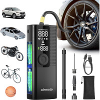 Airmoto Portable Tire Inflator - Cordless Air Compressor with Digital Gauge, LED Light & Auto Shut-Off for Cars, Bikes &