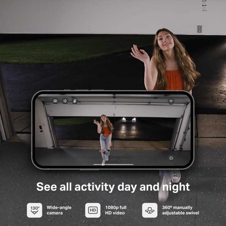 Caméra de Sécurité myQ Smart Garage 1080p HD, Vision Nocturne, Détection Mouvement, Wi-Fi, Audio Bidirectionnel