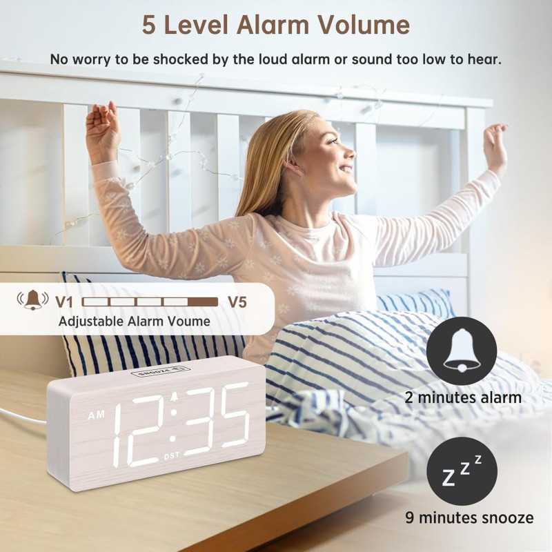 Réveil Digital en Bois DreamSky - Grand Écran, Alarme Puissante