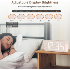 Réveil Digital en Bois DreamSky - Grand Écran, Alarme Puissante
