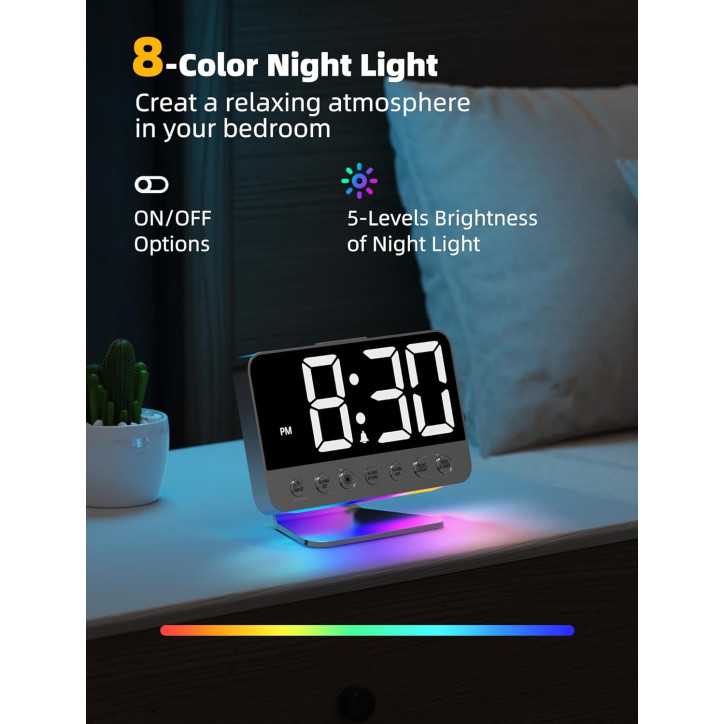Réveil numérique chambre avec grand écran, réglage luminosité, 5 sons d'alarme, lumière nocturne argent