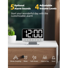 Digital Alarm Clock for Bedroom - Large Bold Numbers, 5 Brightness Levels, 5 Alarms, 8 Night Lights - Silver