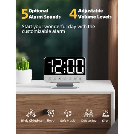 Digital Alarm Clock for Bedroom - Large Bold Numbers, 5 Brightness Levels, 5 Alarms, 8 Night Lights - Silver
