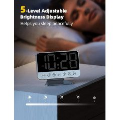 Réveil Digital Chambre - Grand Écran, 5 Sons Alarme, 8 Lumières