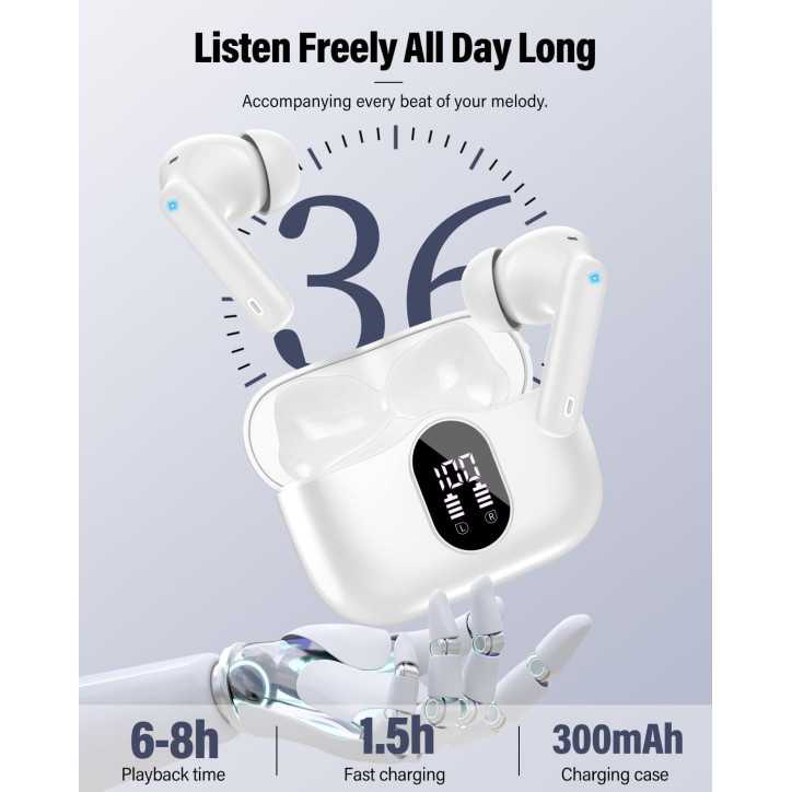 Écouteurs sans fil Bluetooth 5.4, micro anti-bruit, LED, IP7 étanche, stéréo basses, blancs. Écouteurs sans fil Bluetooth 5.4, micro anti-bruit, LED, IP7 étanche, stéréo basses, blancs.