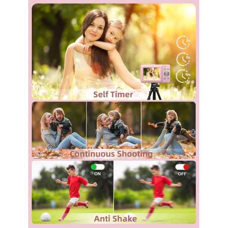 Appareil Photo Numérique FHD 1080P Compact Rose avec Zoom 16X, Anti-Tremblement et Carte 32Go pour Enfants