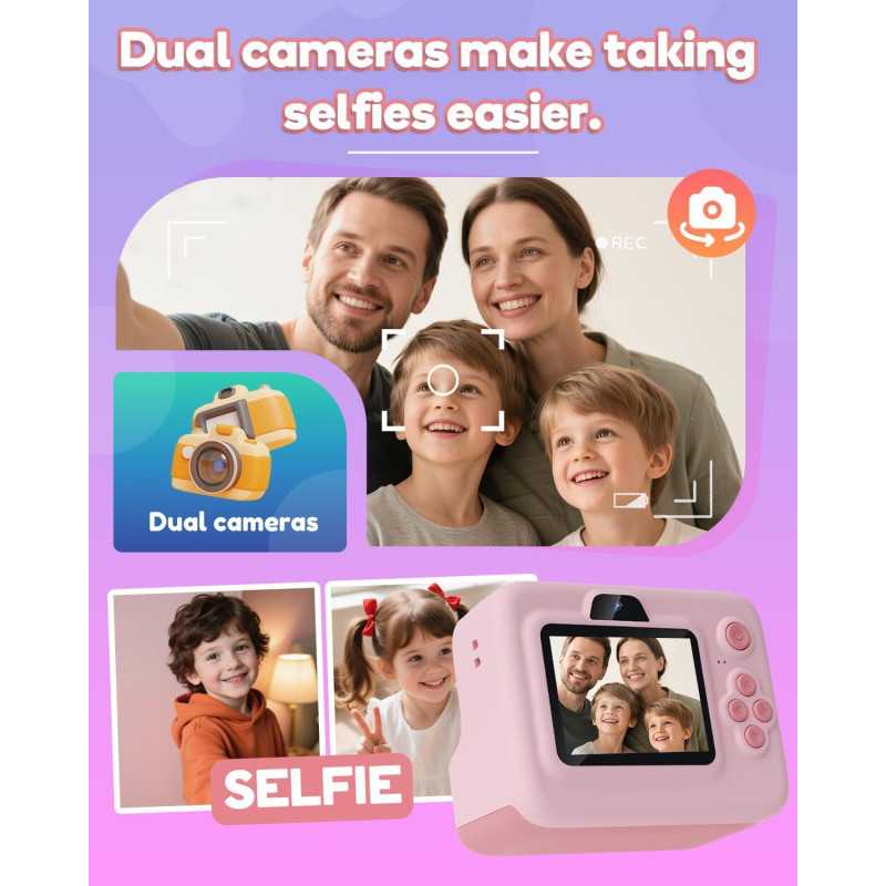 Kids Instant Print Camera 1080P - Portable Gift for Ages 3-12, Pink