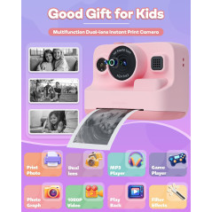 Appareil photo instantané pour enfants 1080P, imprimante photos, cadeau portable rose 3-12 ans