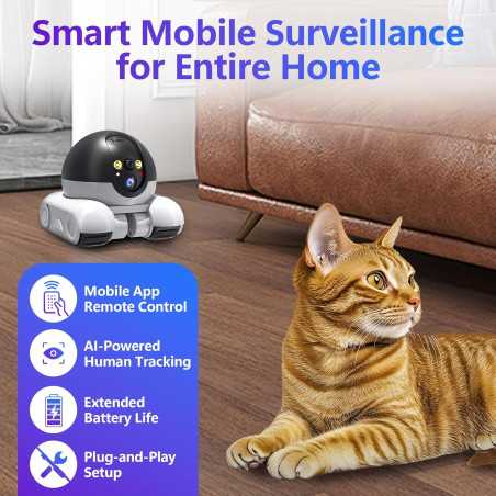 Caméra Robot Mobile Patrol Wi-Fi, Vision Nocturne, Audio Bidirectionnel, Surveillance Animaux/Personnes, 64GB