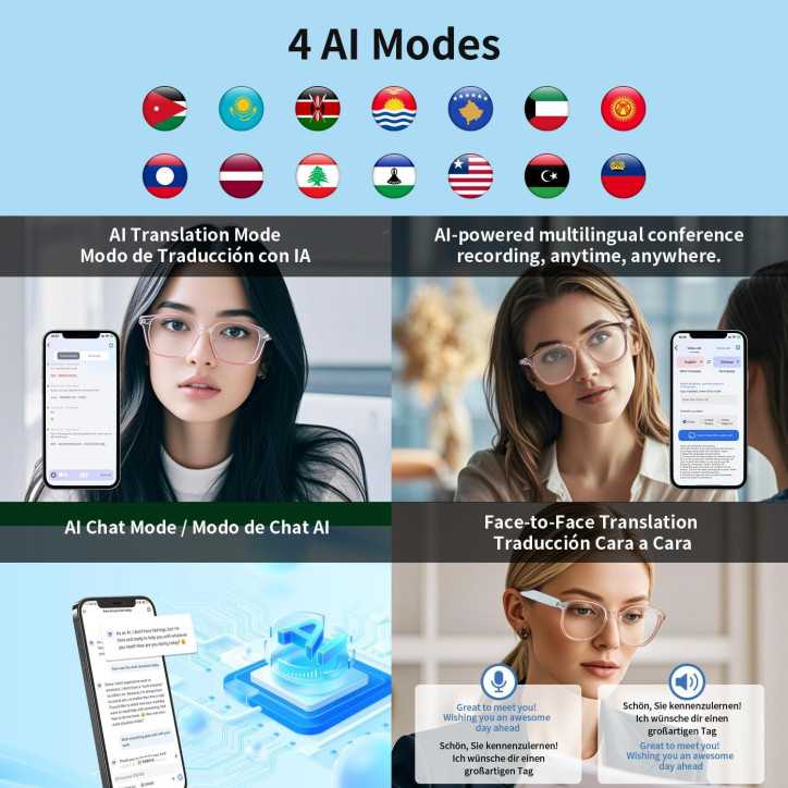 Smart Glasses for Women - AI Bluetooth Translator, 165+ Languages, Real-Time, Blue Light Filtering Lenses, Open Ear Smart Glasses for Women - AI Bluetooth Translator, 165+ Languages, Real-Time, Blue Light Filtering Lenses, Open Ear