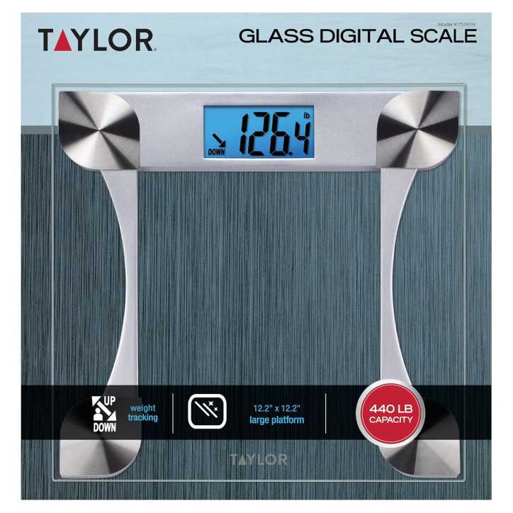 Pèse-personne numérique Taylor, mesure précise jusqu'à 200 kg, plateforme stable, fonction batterie, design clair Pèse-personne numérique Taylor, mesure précise jusqu'à 200 kg, plateforme stable, fonction batterie, design clair