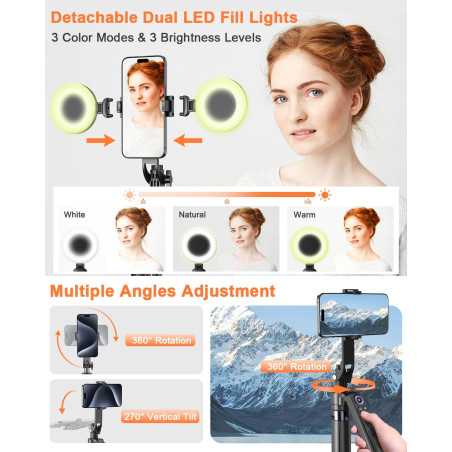 Trépied 71 avec suivi automatique visage, lumière, rotation 360°, télécommande rechargeable pour iPhone/Android/GoPro