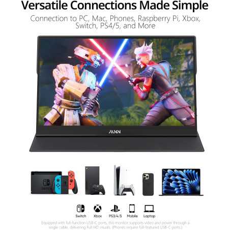 MNN 15.6 FHD Portable Monitor 1080P USB-C HDMI Gaming IPS HDR Ultra-Slim w/ Speakers & Smart Cover