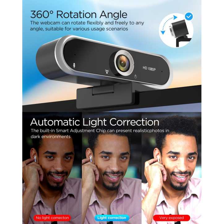 Webcam 1080P avec Microphone & Cache Confidentialité USB Plug & Play pour Appels Vidéo & Streaming