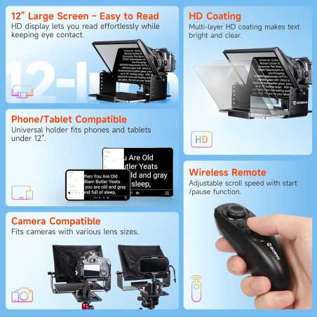 Moman 12 Metal Teleprompter for iPad/Tablets with APP Remote Control for DSLR, Camcorder, Smartphone