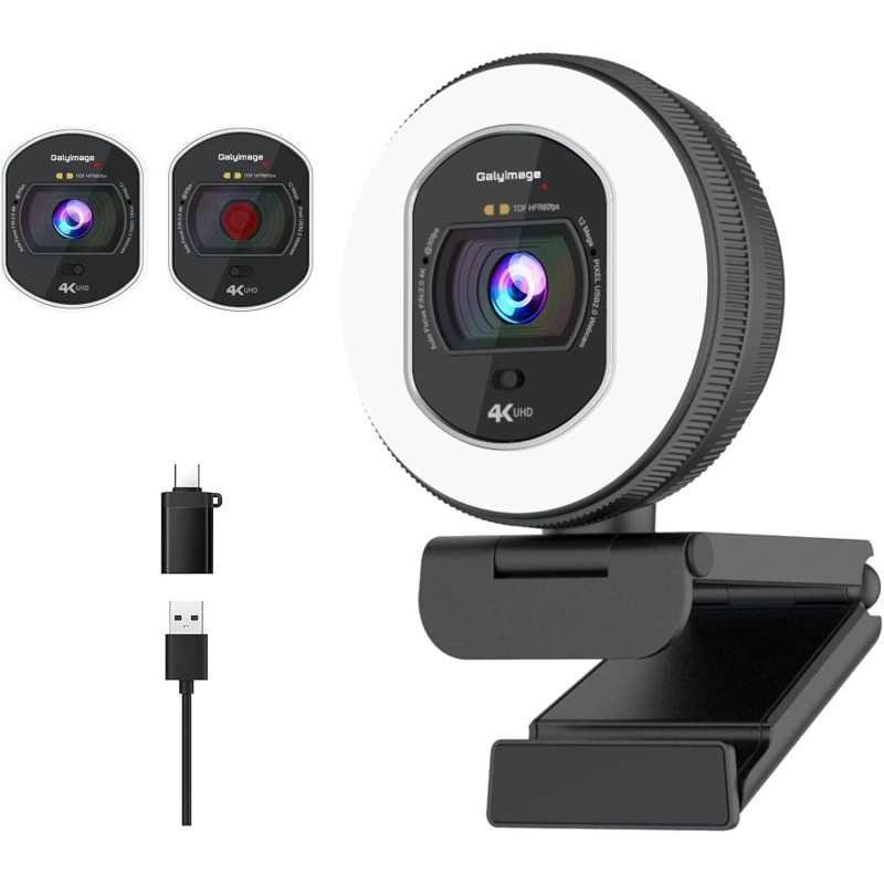 4K Webcam with Ring Light, Autofocus & Privacy Cover for Streaming
