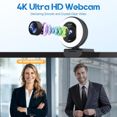 4K Webcam with Ring Light, Autofocus & Privacy Cover for Streaming