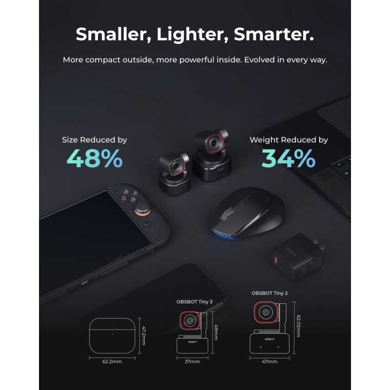 OBSBOT Tiny 3 : Webcam 4K AI, Audio Spatial et Suivi AI