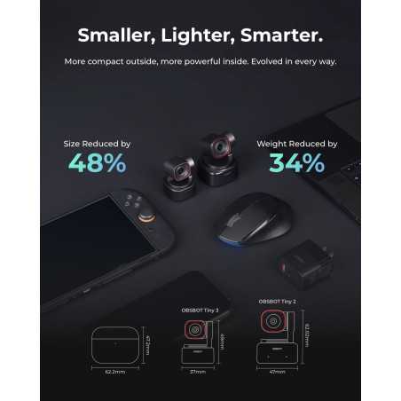 OBSBOT Tiny 3 AI 4K Webcam with Spatial Audio, AI Tracking & Gesture Control