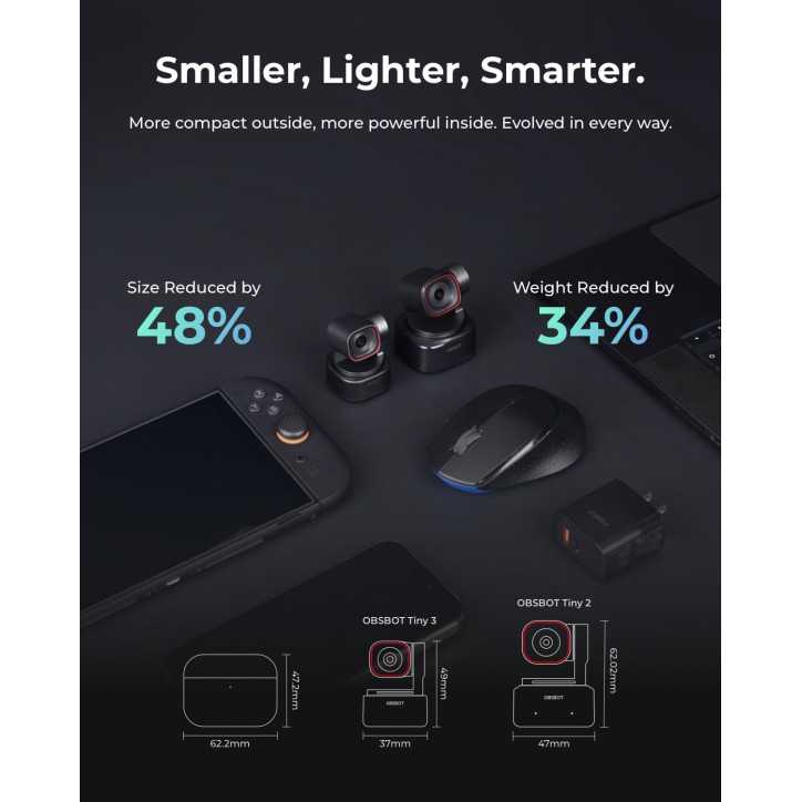 OBSBOT Tiny 3 Webcam 4K AI PTZ, Audio Spatial, Capteur 1/1.28, Micro Tri, Contrôle Voix & Gestes, 120FPS HDR OBSBOT Tiny 3 Webcam 4K AI PTZ, Audio Spatial, Capteur 1/1.28, Micro Tri, Contrôle Voix & Gestes, 120FPS HDR