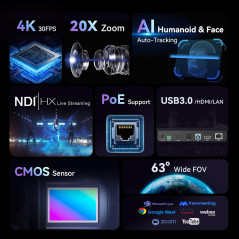 Caméra PTZ 4K Tenveo NDI AI 20X Zoom pour Streaming Live