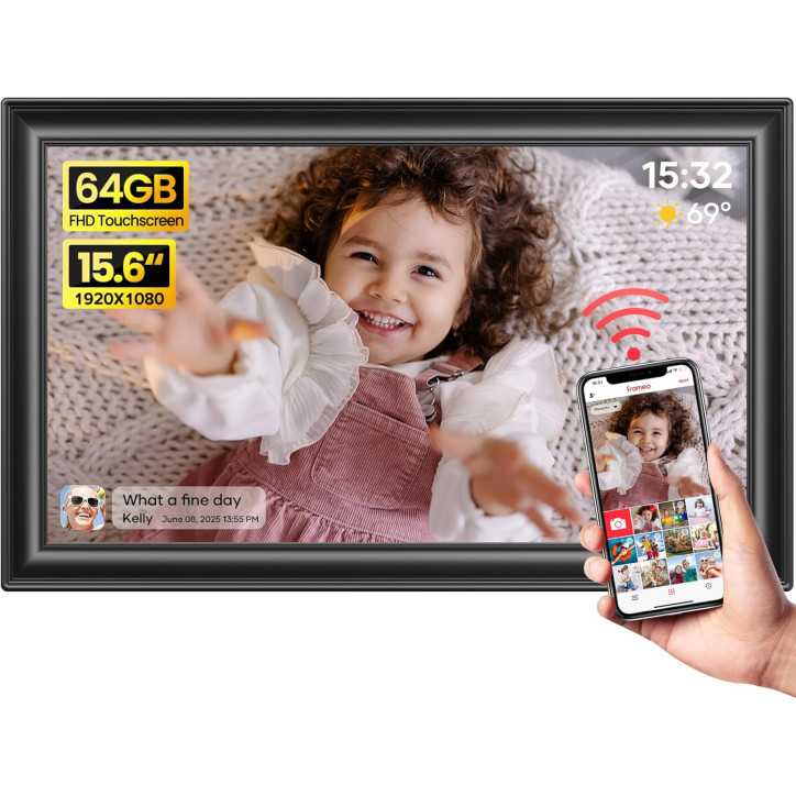 Cadre photo numérique Frameo 15,6 FHD IPS 64GB WiFi tactile, envoyez photos depuis smartphone, cadeau idéal parents