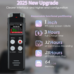 64GB Voice Activated Digital Recorder for Lectures & Meetings - EVISTR