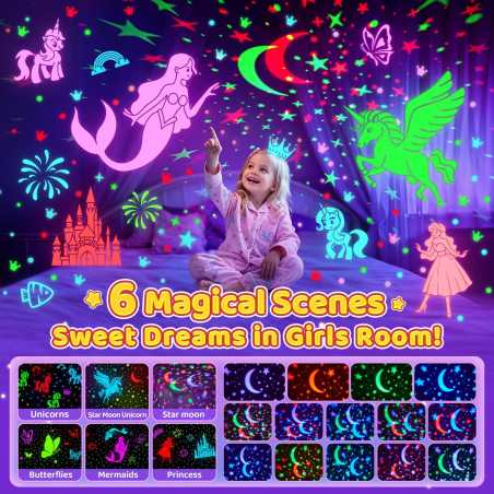 Onefire Girls Unicorn Light Projector Toys with 6 Films, Rechargeable 360° Rotating Night Light for Ages 4-6