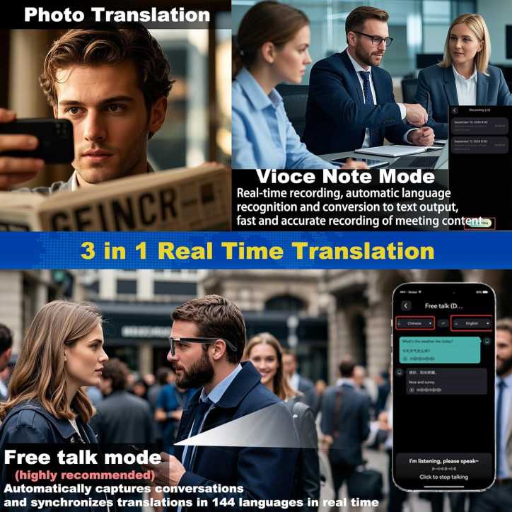 Lunettes Intelligentes AI Bluetooth 5.4, Traduction 160+ Langues, Verres Changeants, App Gratuite Lunettes Intelligentes AI Bluetooth 5.4, Traduction 160+ Langues, Verres Changeants, App Gratuite
