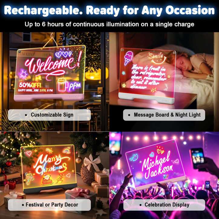 16 Rechargeable Doodle Glow LED Note Board with 7 Colors, Stand, 5 Markers & Tracing Book – Kids' Neon Art Toy
