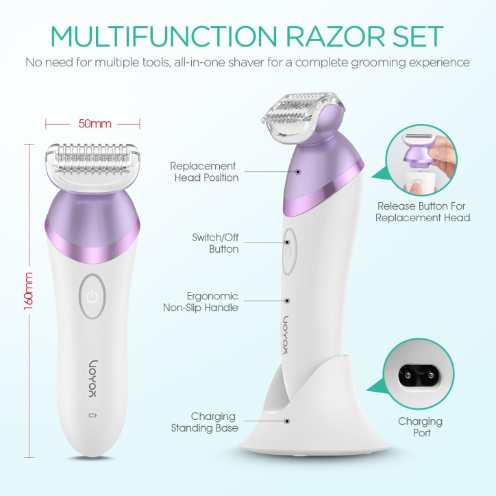 VOYOR Rasoir Électrique Femme 4 en 1 Bikini, 4 Têtes Remplaçables, Rechargeable, 2 Vitesses - Violet VOYOR Rasoir Électrique Femme 4 en 1 Bikini, 4 Têtes Remplaçables, Rechargeable, 2 Vitesses - Violet