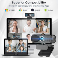 1080P HD Webcam with Mic, Noise Cancellation, Privacy Cover, Wide-Angle, Auto Light, USB Plug & Play (Black)