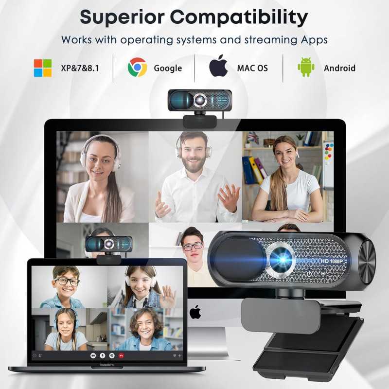1080P HD Webcam with Mic, Noise Cancel, Privacy Cover & Auto Light