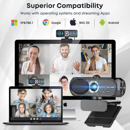 1080P HD Webcam with Mic, Noise Cancel, Privacy Cover & Auto Light