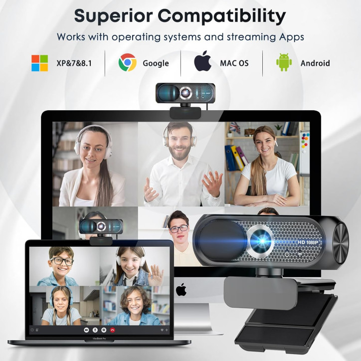 Webcam HD 1080P avec Microphone, Réduction de Bruit, Cache Confidentialité, Objectif Grand-Angle, USB Plug & Play Webcam HD 1080P avec Microphone, Réduction de Bruit, Cache Confidentialité, Objectif Grand-Angle, USB Plug & Play