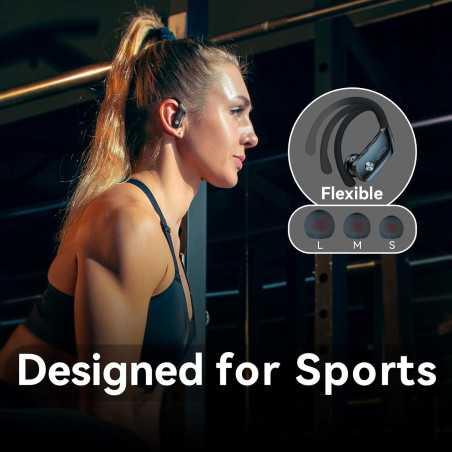 bmani Wireless Earbuds with LED Display Case, 80H Playtime, Over-Ear Hook, Mic, Stereo Sound – Black