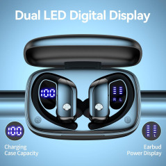 bmani Wireless Earbuds with 80H Playtime, LED Case & Mic – Black