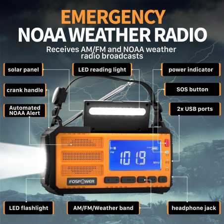 FosPower NOAA Emergency Weather Radio D8 with 37000mWh Power Bank, AM/FM, USB/Solar/Hand Crank, SOS Alarm & Flashlight - Ora