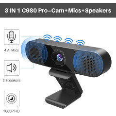 Webcam EMEET C980 PRO 1080P Micro, Haut-Parleurs, 3-en-1