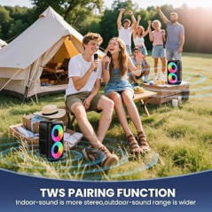 Bluetooth Party Speaker with 2 Wireless Mics, Karaoke, Lights, Rechargeable, TWS/AUX/USB/TF Card Support