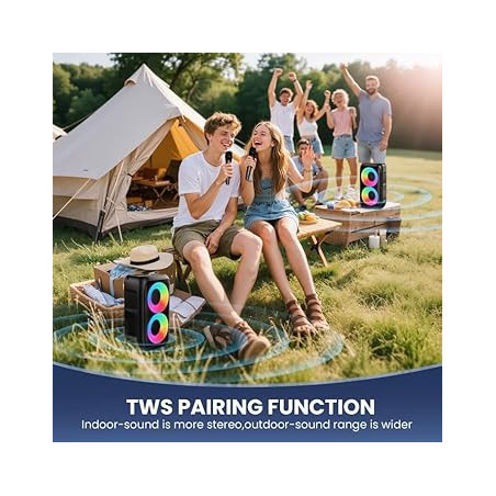 Bluetooth Party Speaker with 2 Wireless Mics, Karaoke, Lights, Rechargeable, TWS/AUX/USB/TF Card Support