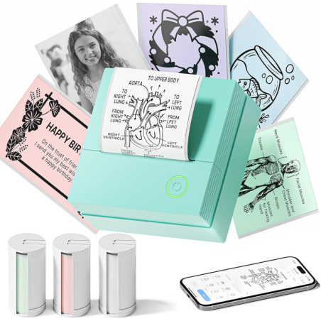 PM290 Mini Bluetooth Sticker Printer with 3 Rolls Paper, Smart AI App, Portable for Study, Office & DIY Gifts - Green