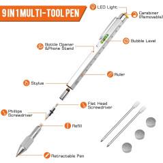 Stylo Multifonction 9-en-1 pour Homme avec Tournevis, Lampe LED, Niveau à Bulle, Ouvre-Bouteille - Cadeau Idéal