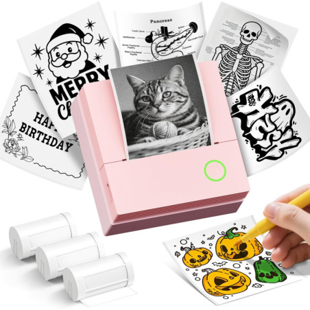 PM290C Portable Inkless Bluetooth Sticker Printer with 3 Rolls Paper - Pink